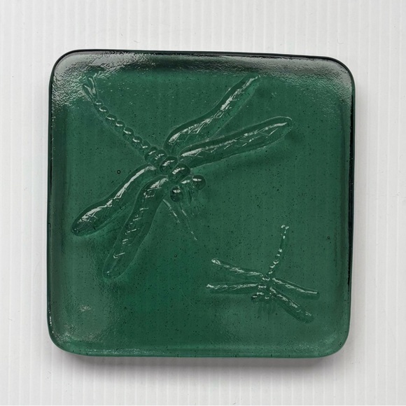 Other - Dragonfly Glass Block Paperweight Tile 5.5" Square .75" Thick Aqua Green